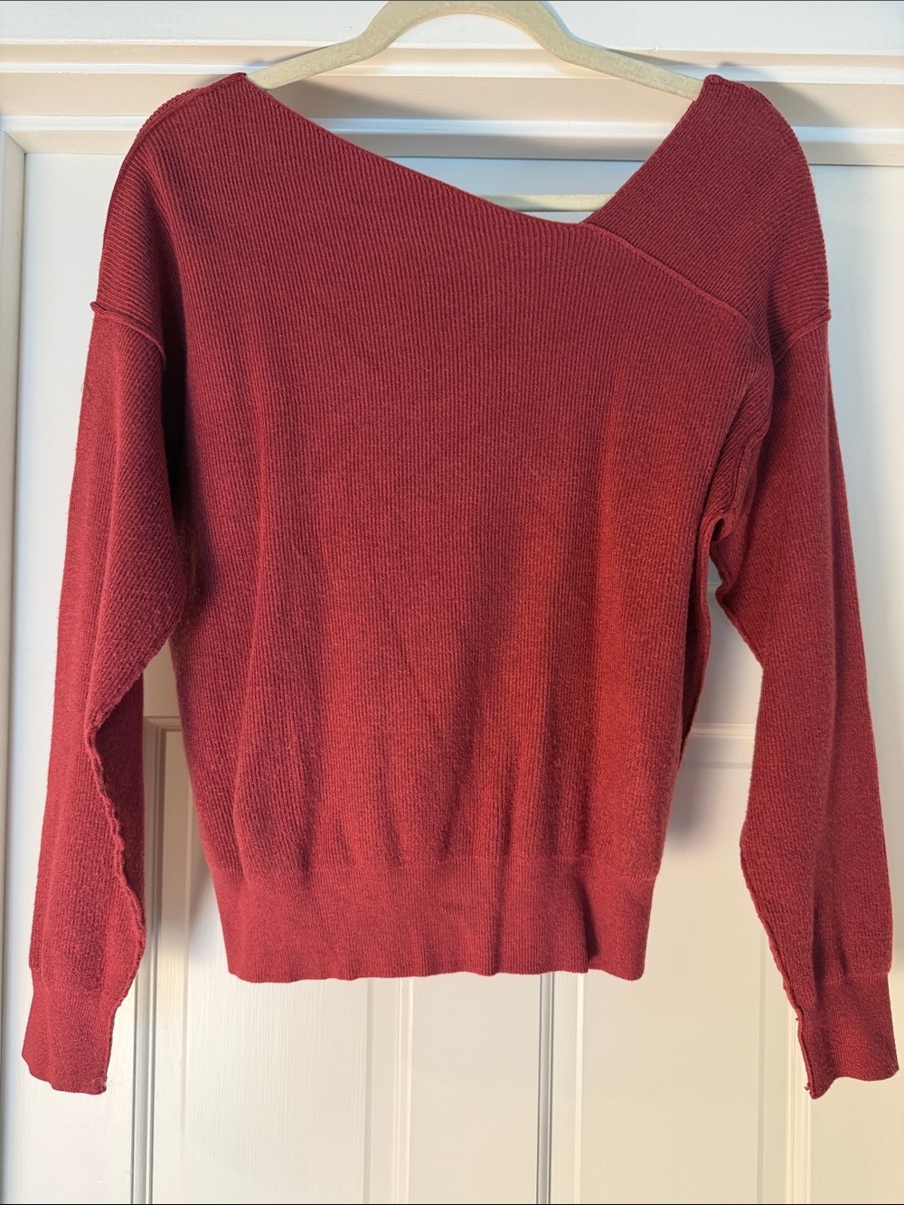 Line & Dot Off-the-Shoulder Asymmetrical Sweater in Rust Red
